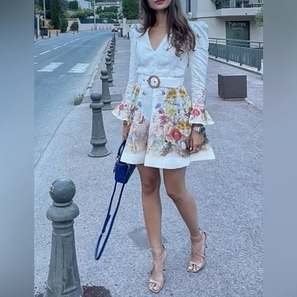 Zimmermann White Floral-Print Midi Dress with Belt - Picture 4 of 6